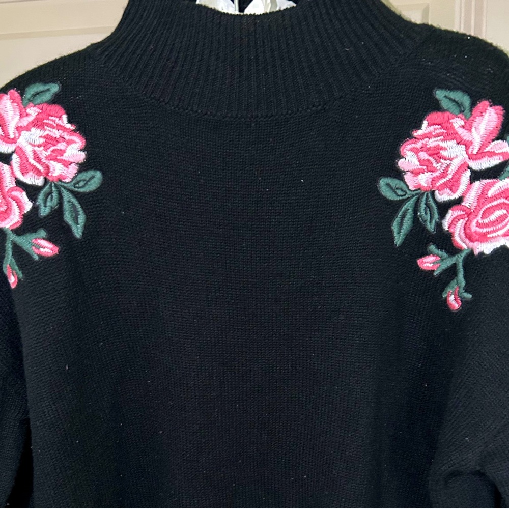 Flower Embroidered Black Sweater